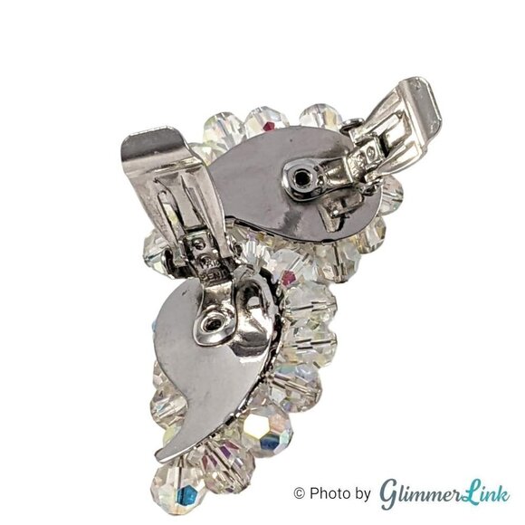 VTG AB Aurora Borealis Beaded Paisley Cluster Silver Tone Clip On Earrings - Picture 8 of 11